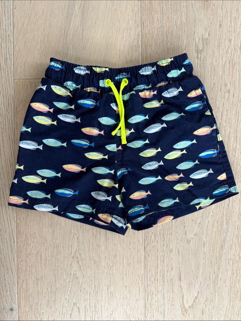 Kids Navy Fish-Print Swim Trunks with Neon Drawstring
